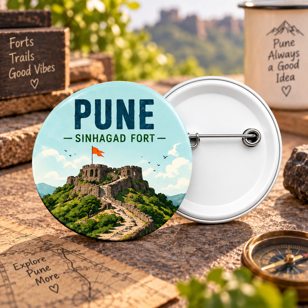 Round Pin Button Badge - Sinhgad Fort,Pune